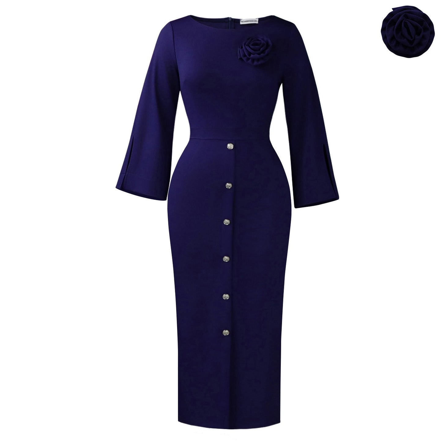 Elegant Floral Bodycon Dress For Work - Peacock Green, Cream, Purple, Navy