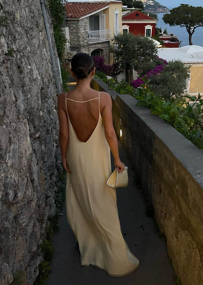 Backless Linen Maxi Dress with Keyhole Detail