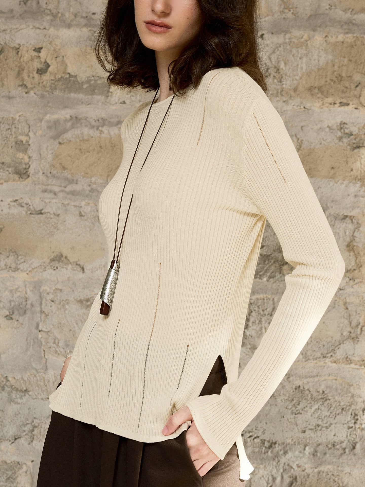 Classic Long Sleeve Knitted Sweater with Hollow Design