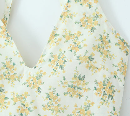 Vintage Floral Halter V-Neck Maxi Dress