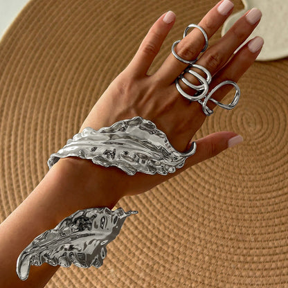 Exaggerated Leaf Wrap Bracelet Set Metallic Open Bangle