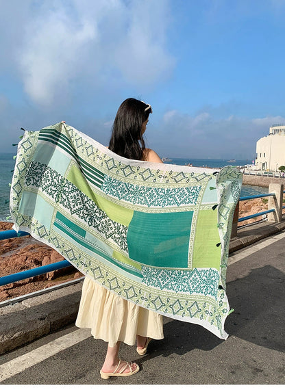 Fresh Green Ethnic Style Silk Scarf Women'S Summer Sunscreen Dual-Purpose Large Shawl Beach Towel Thin Cotton And Linen Scarf Yarn