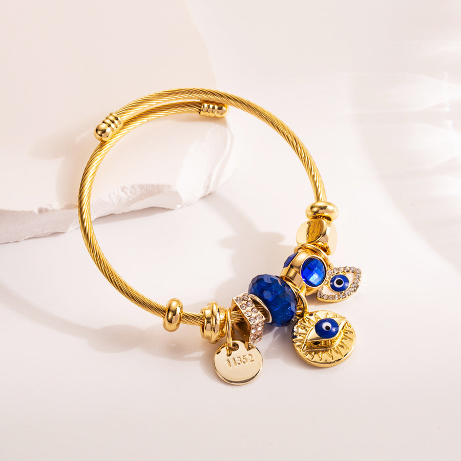 Stainless Steel Evil Eye Bracelet with Cross Charm for Women