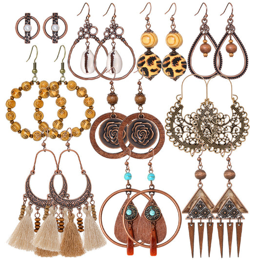 Bohemian Tassel Earrings Geometric Wood Beads Handmade Jewelry