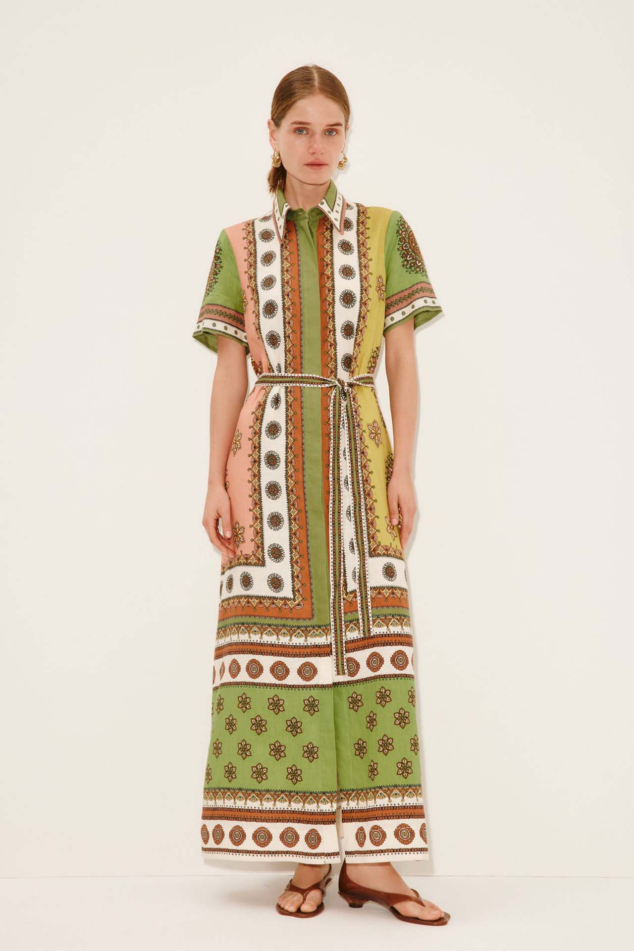 Elegant Floral Linen Midi Dress with Waist Tie