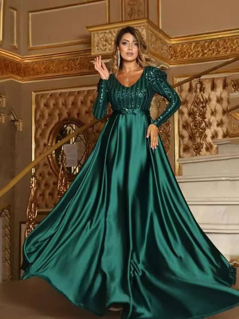 Deep V Neck A-Line Maxi Dress With Train For Evening Parties