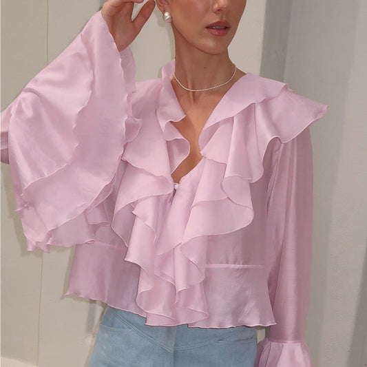 Feminine Ruffle Collar Cardigan Blouse Pink Casual Top