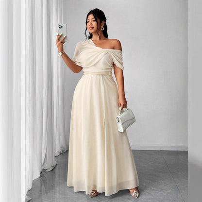 Off-Shoulder High-Waist Dress with Slit