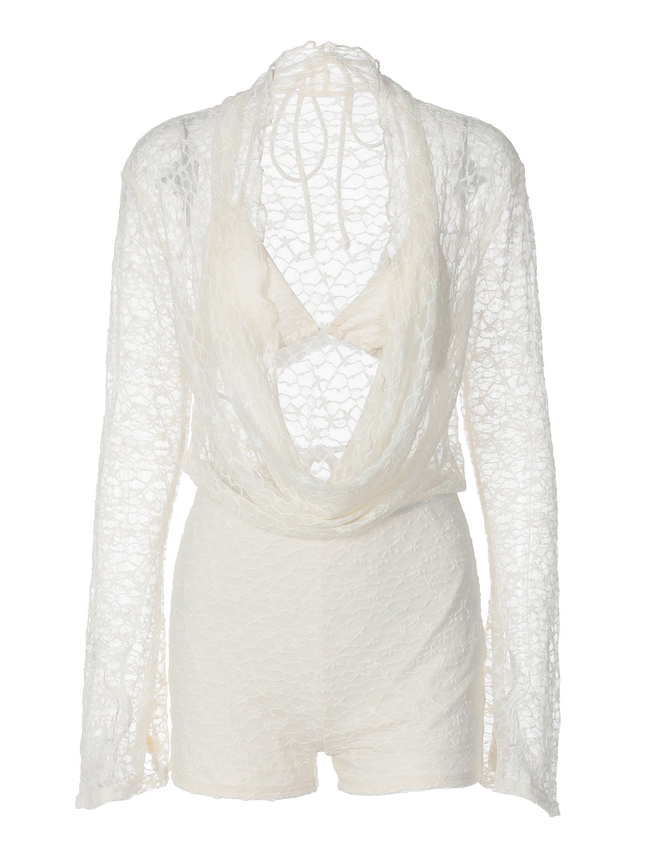 Sexy Hollow Plunging Neck Lace Long Sleeve Bodysuit Set