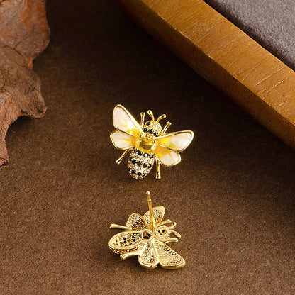 Bee Enamel Earrings With Rhinestones In Gold