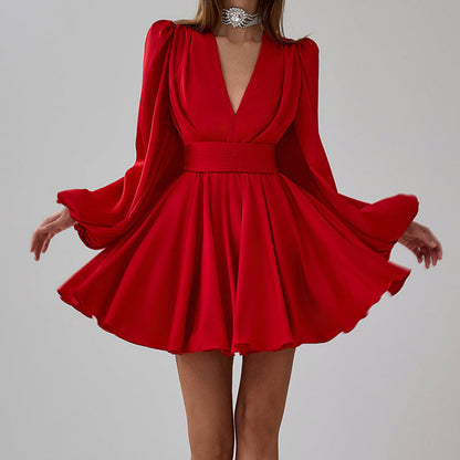 French Pleated Dress With Puff Sleeves and V-Neck