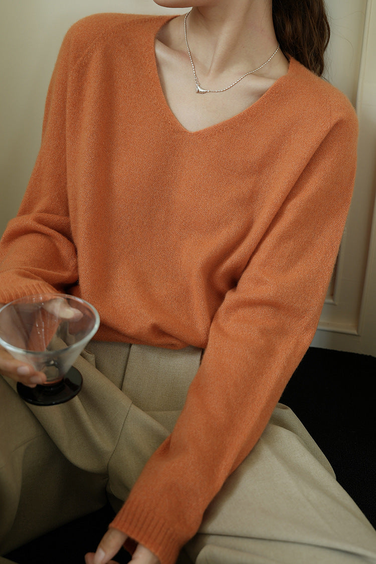 V-Neck Cashmere Blend Long Sleeve T-Shirt Elegant Casual Top