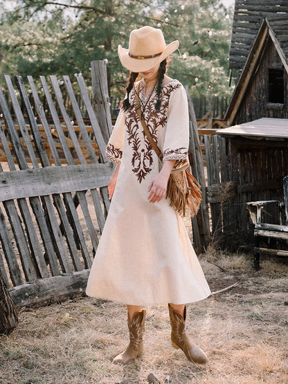 Cotton Linen Dress Ethnic Style Embroidered Cropped Sleeves Bohemian Midi Skirt Spring And Summer