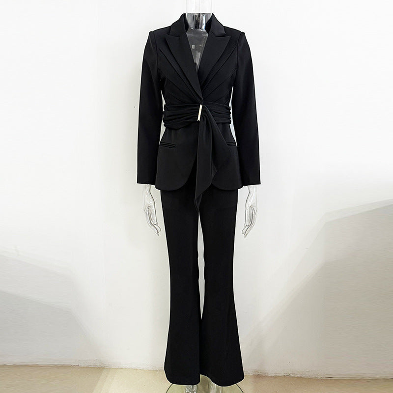 Stylish Irregular Belted Blazer Pantsuit Set