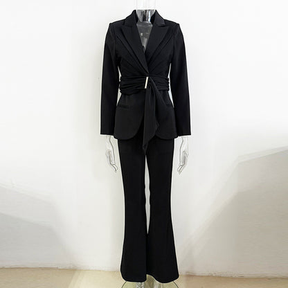 Stylish Irregular Belted Blazer Pantsuit Set