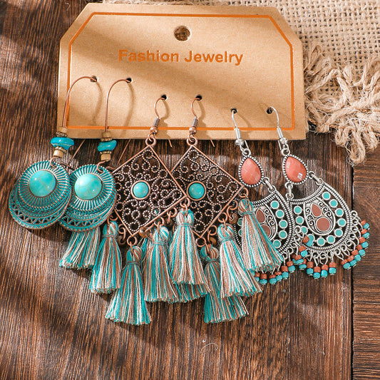 Bohemian Colorful Tassel Earrings Set Vintage Ethnic Statement Jewelry