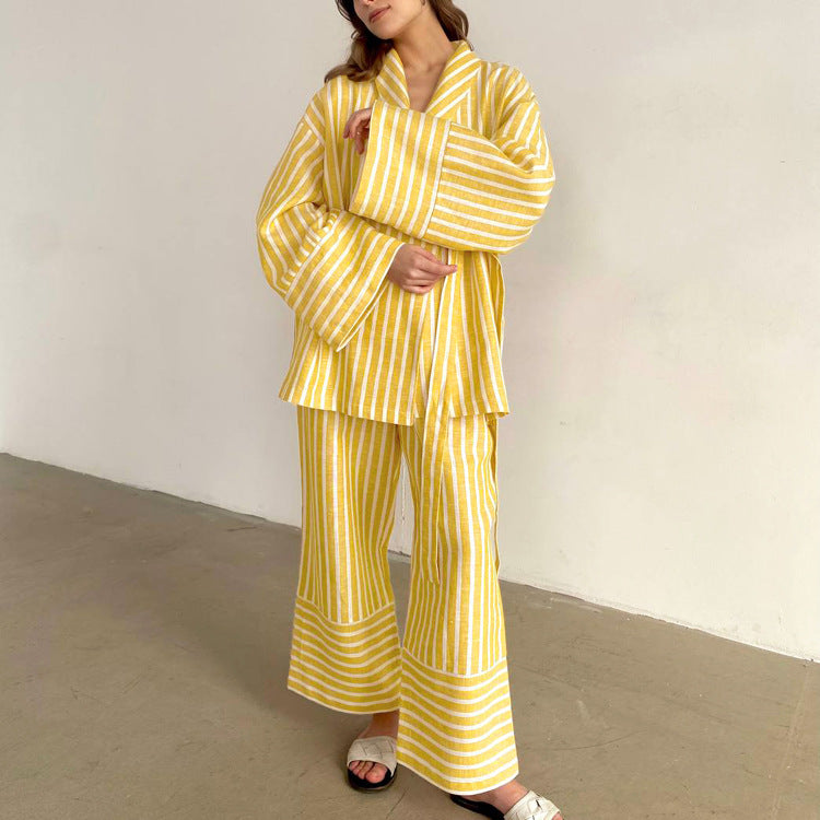 Fashionable Striped Long Sleeve Loose Tie Top & High Waist Pants Set