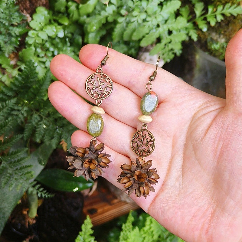 Vintage Leaf Design Handmade Earrings with Natural Green Stone