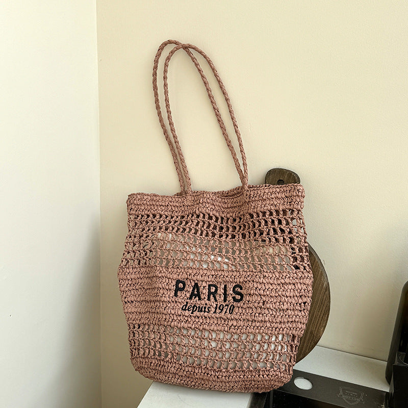 Letter Embroidery Straw Shoulder Bag Large Capacity Beach Tote