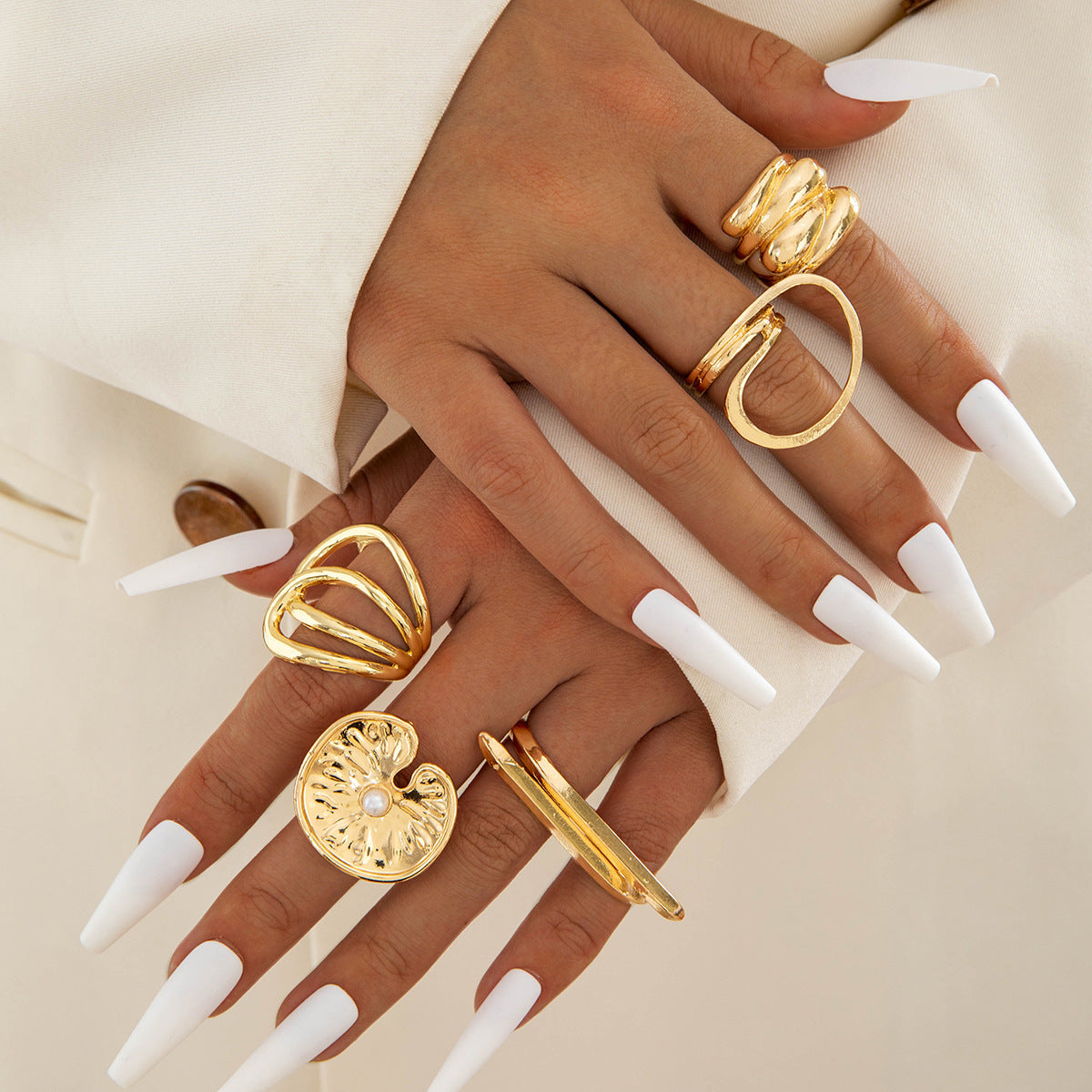 Irregular Pearl Ring Set Trendy Gold Retro Geometric Statement Rings