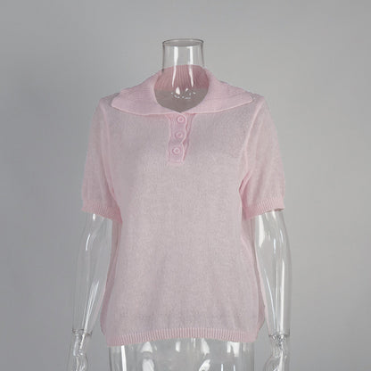 Knitted Polo Short Sleeve Sweater With Puff Sleeves