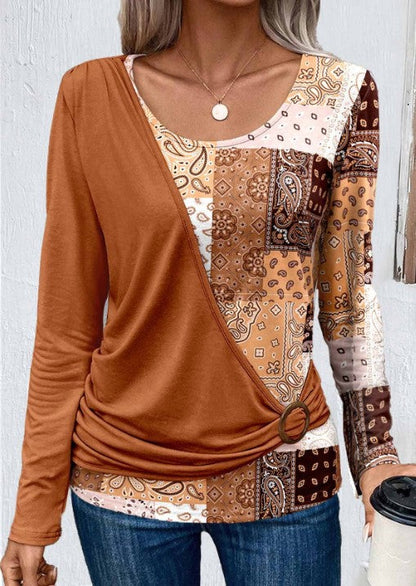 Autumn Printing Solid Color Stitching Casual Long-Sleeved Knitted T-Shirt