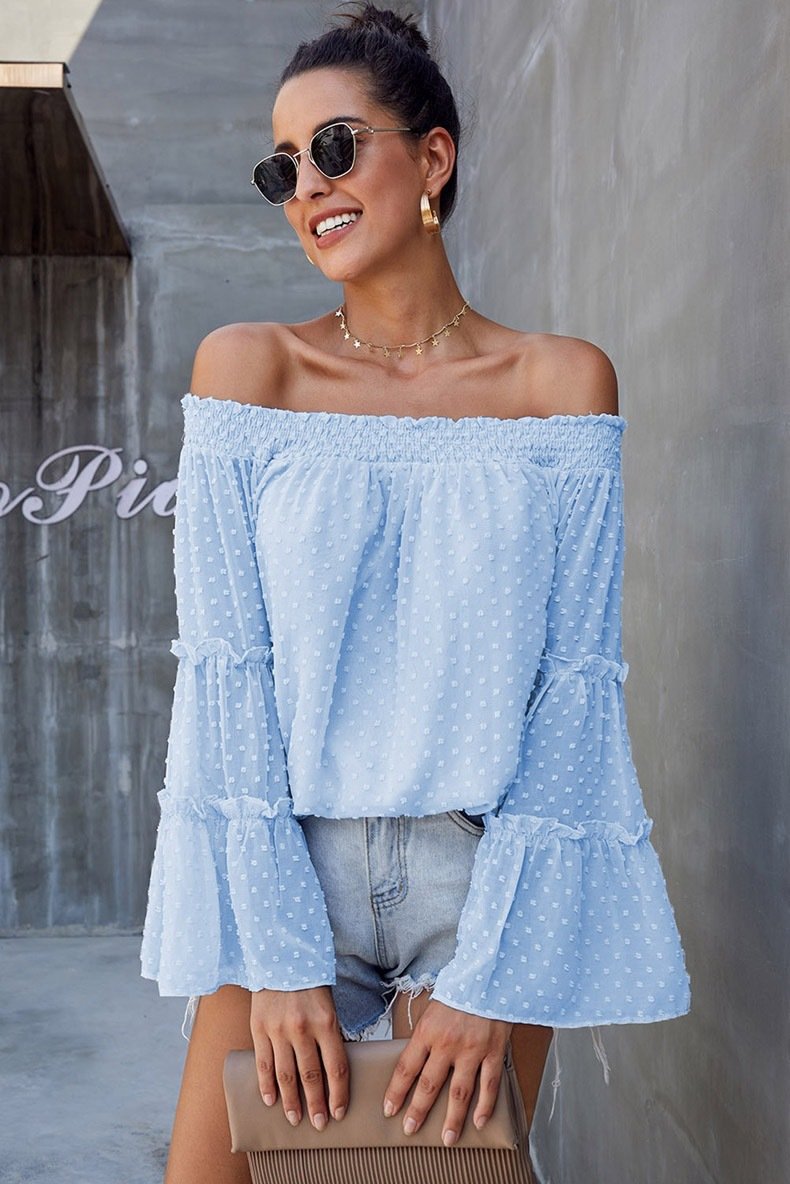 Long Sleeve Flared Chiffon Strapless Neck Openwork Blouse
