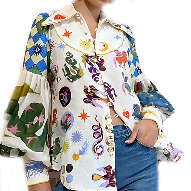 Elegant Lantern Sleeve Printed Blouse for Women