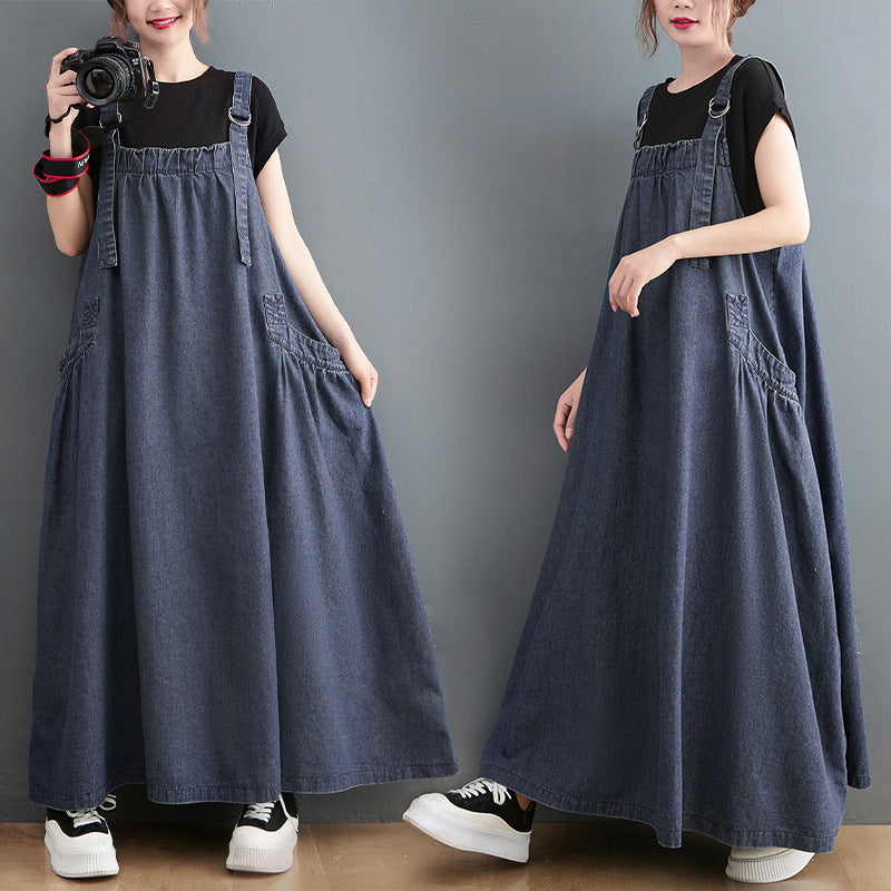 Spring/Summer New Loose Slim Denim Slim Strap Long Dress Large Swing Dress