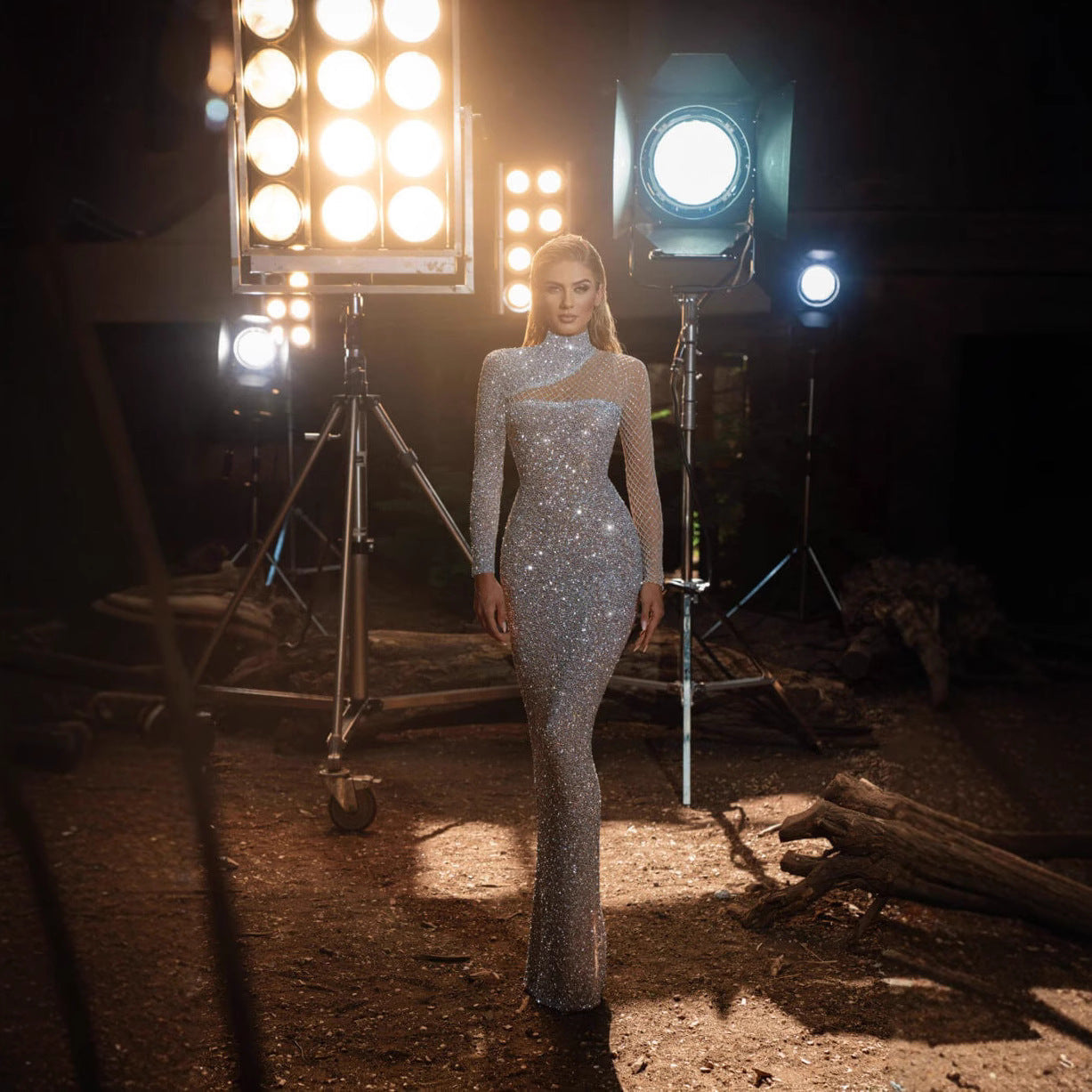 Silver Hollow Shoulder Sequined Dress