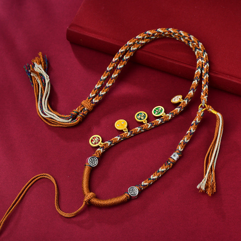 Hand-Woven Tibetan Pendant Rope Five-Way God Of Wealth Thangka Necklace