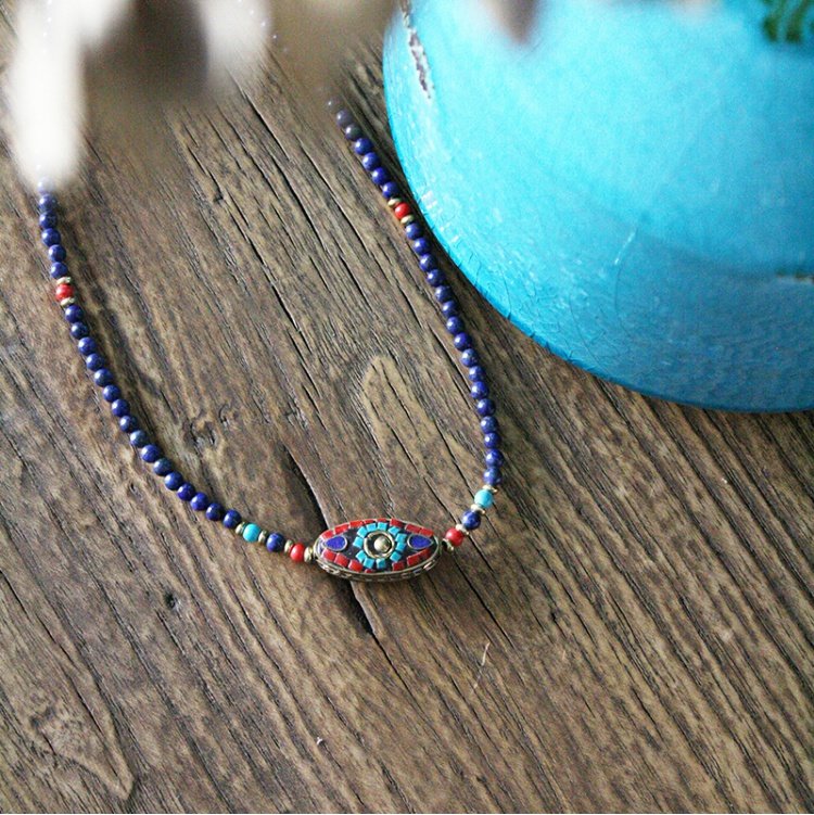 Nepalese Tibetan Jewelry Bohemian Necklace Female Clavicle Chain Bracelet Brass Lapis Lazuli Retro Ethnic Style