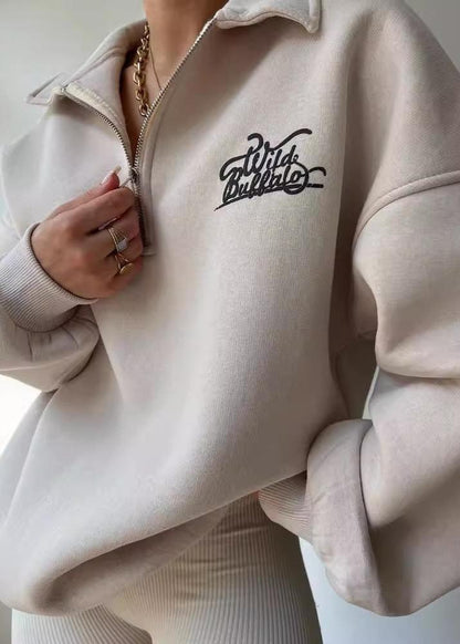 Oversized Half Zip Sweatshirt Cotton Blend Vintage Style