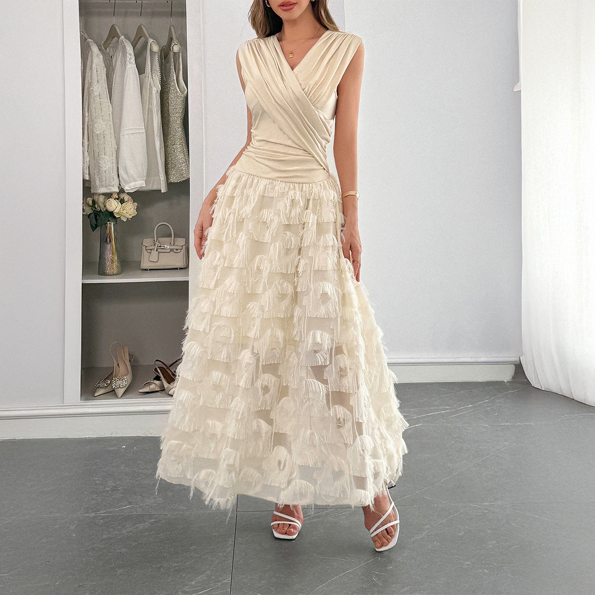 Elegant A-Line Maxi Dress Casual Polyester V Neck Dress