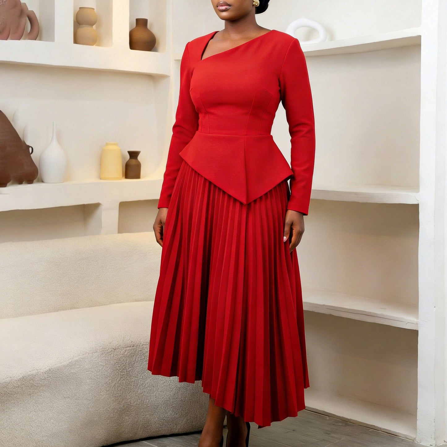 Elegant Off-Shoulder High-Waisted Midi Dress