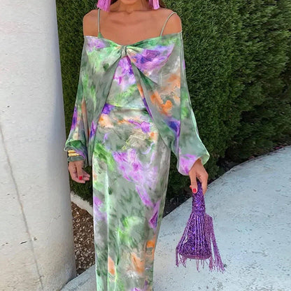 Women's Fashion Off-Shoulder Tie-Dye Cami & Shawl Dress Set