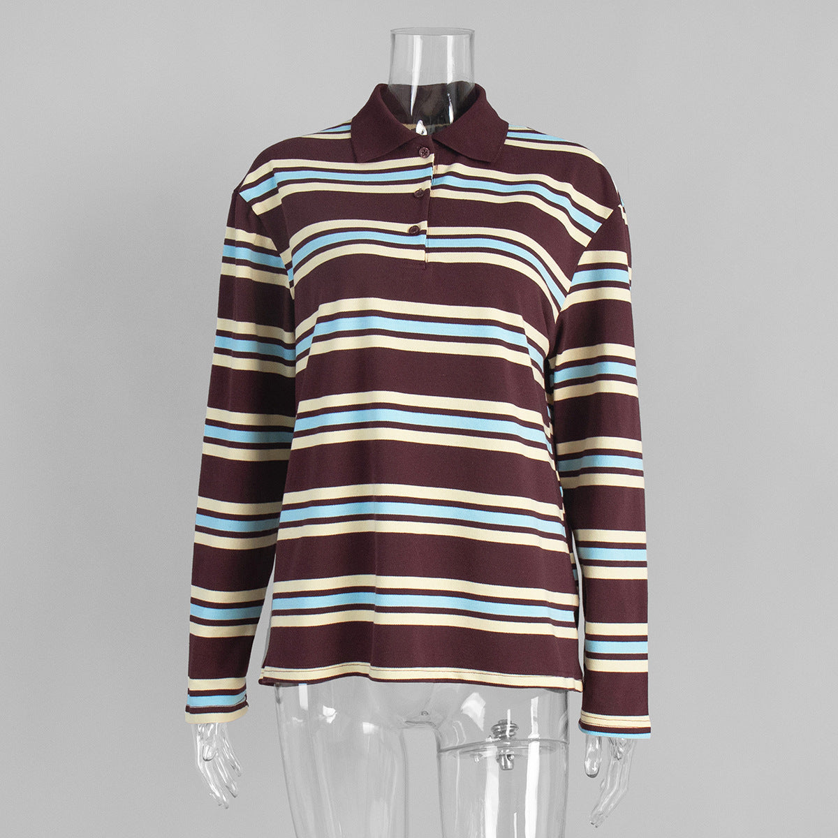 Striped Polo T-Shirt for Women Casual Loose Fit Cotton