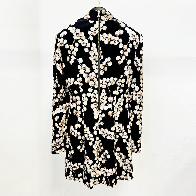 Velvet Long Sleeve Dress With Beaded Floral Print