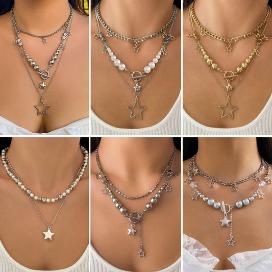 Hip Hop Star Pendant Necklace Set Trendy Ccb Beaded Metal Chain Jewelry