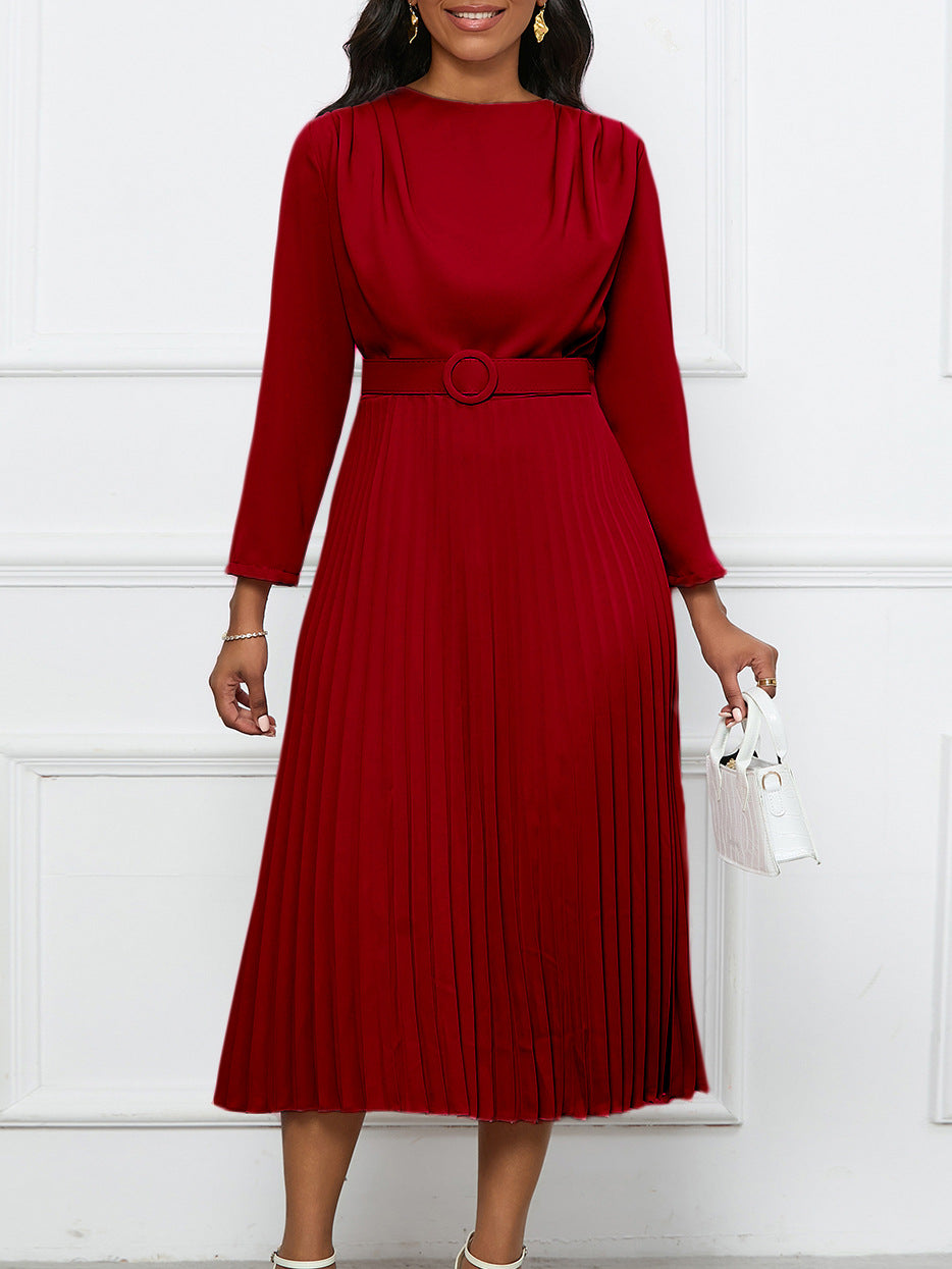 Elegant A-Line Midi Dress With Belt - Office Casualwear