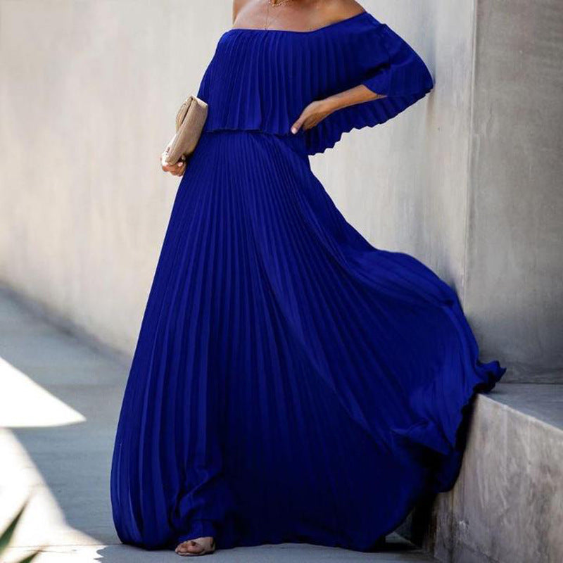 Women'S Long Skirt Sexy Off-The-Shoulder Pleated Chiffon Evening Dress