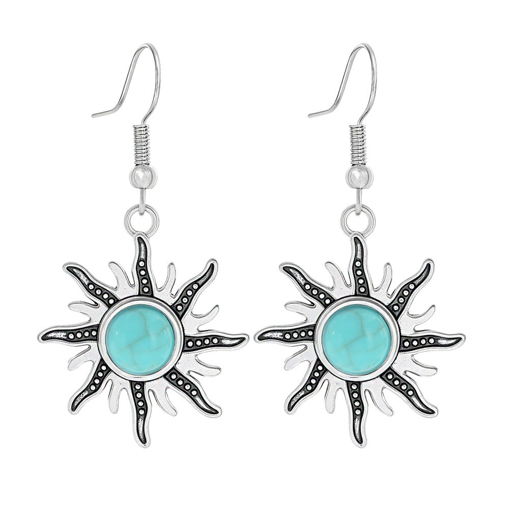 Simple Tribal Flower Teardrop Circle Turquoise Earring Set