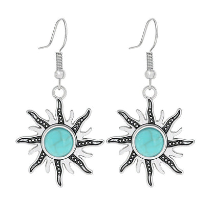 Simple Tribal Flower Teardrop Circle Turquoise Earring Set