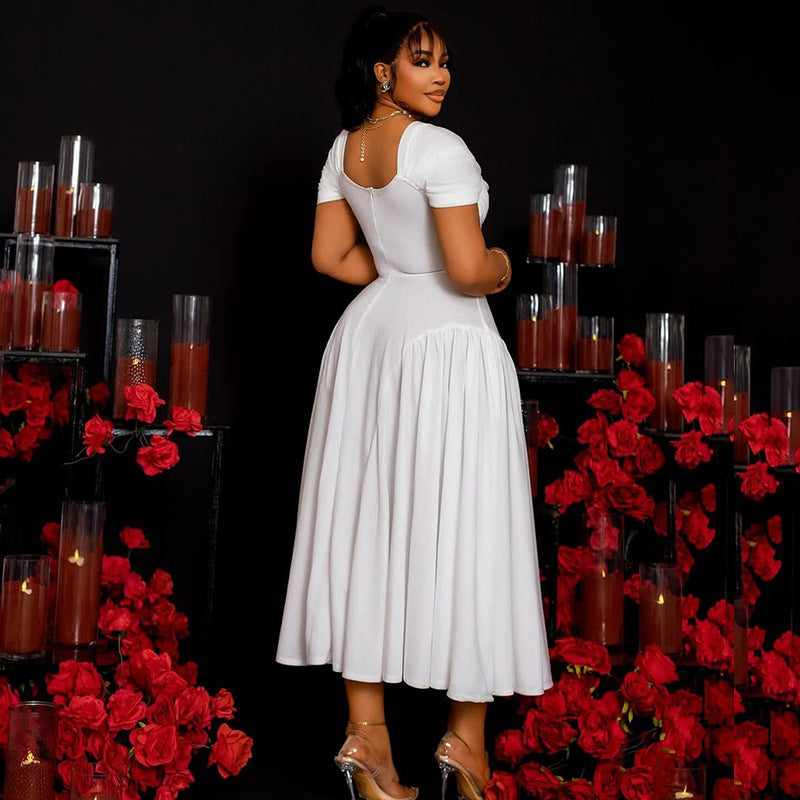 Elegant Solid Color Pleated A-Line Dress With V-Neck And Short Sleeves