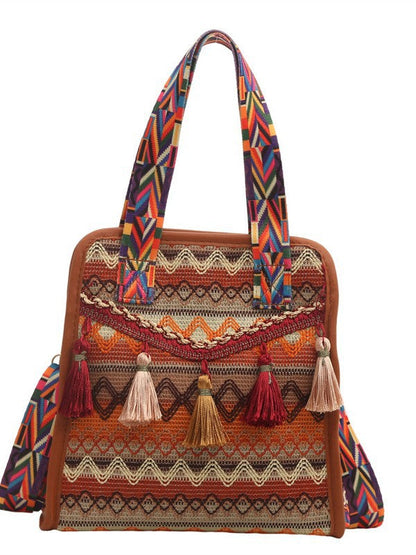 Ethnic Style Tassel Shoulder Bag Trendy Chic Fabric Crossbody Bag