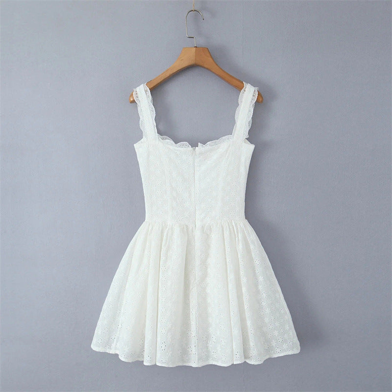 Sweet Lace Trim Straps Puff Mini Dress