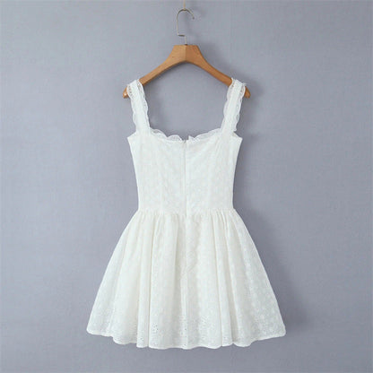 Sweet Lace Trim Straps Puff Mini Dress