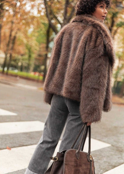 Faux Fur Jacket Plush Texture Dark Brown