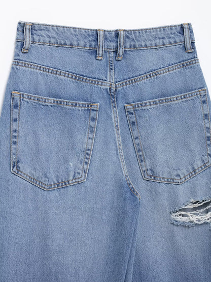 Casual Distressed Loose Mid Rise Jeans