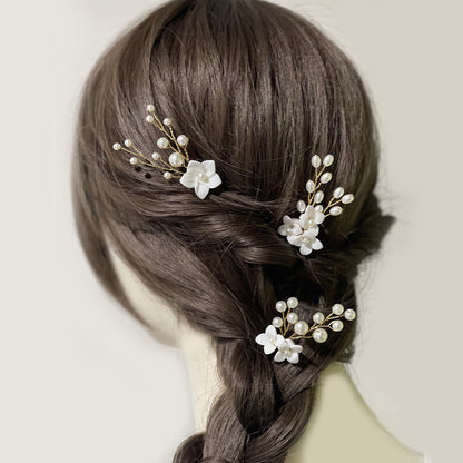 Bridal Wedding Hair Accessories Set of 3 White Floral U-Shaped Hair Pins